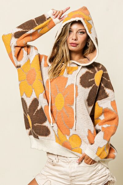 BiBi Flower Pattern Drawstring Hooded Sweater - Everyday-Sales.com