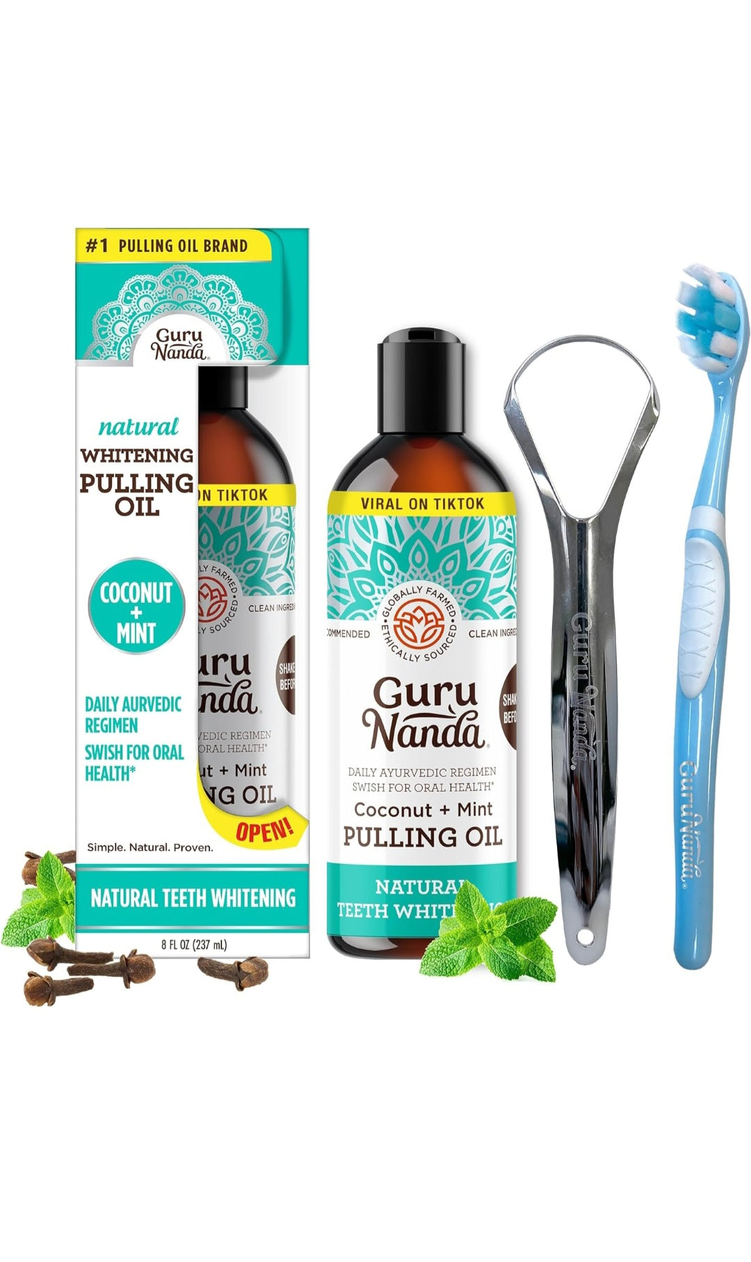 Experience the natural whitening power of Guru Nanda Pulling Oil with coconut and mint for oral health.