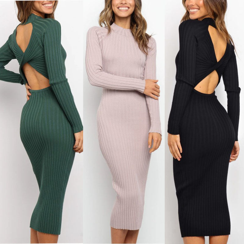 Women's Solid Color Backless Bow Tight Dresses - Everyday-Sales.com