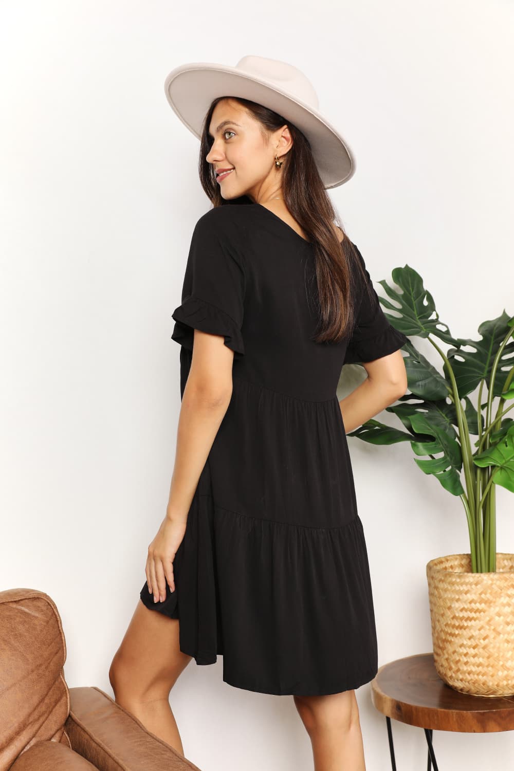 Double Take V-Neck Flounce Sleeve Tiered Dress - Everyday-Sales.com