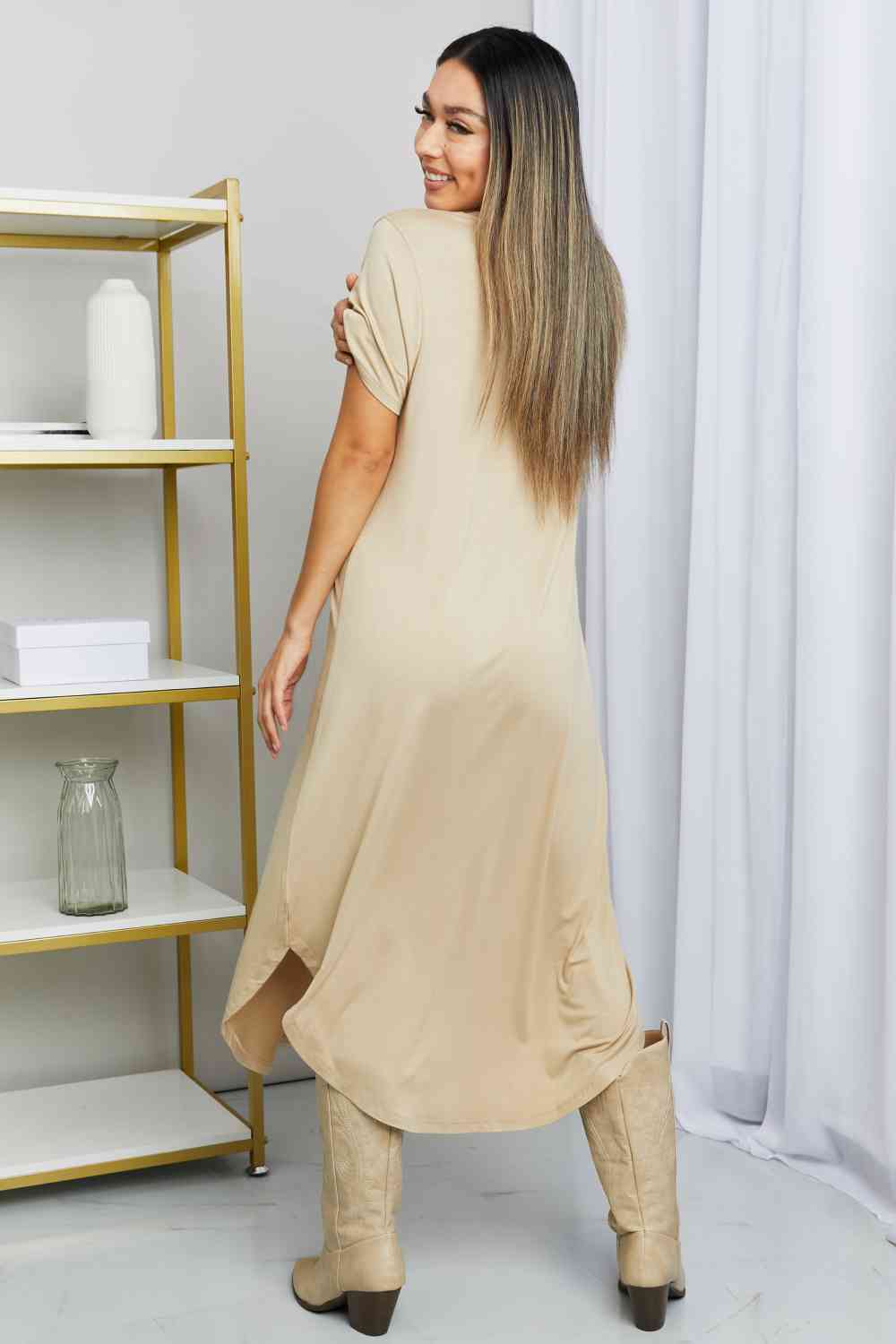 HYFVE V-Neck Short Sleeve Curved Hem Dress in Caffe Latte - Everyday-Sales.com