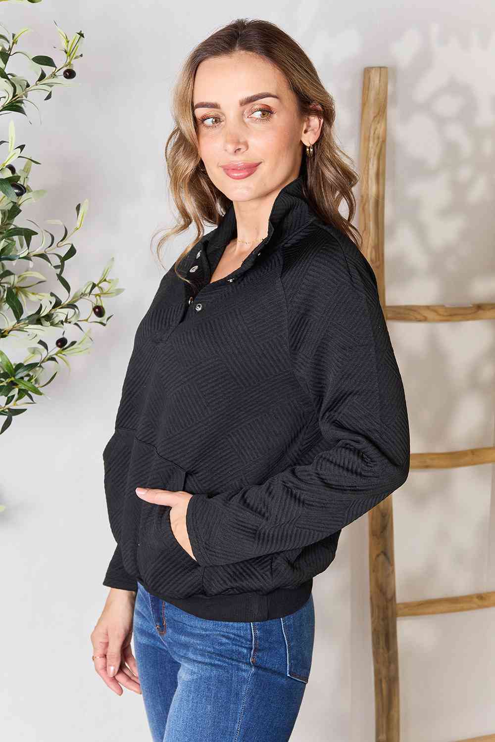 Double Take Half Buttoned Collared Neck Sweatshirt with Pocket - Everyday-Sales.com