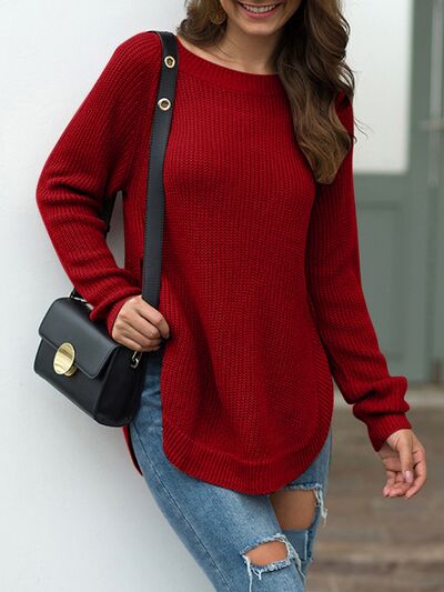 Slit Round Neck Long Sleeve Sweater - Everyday-Sales.com