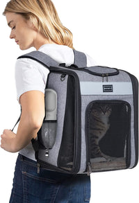 Cat Backpack Carrier with Soft Plush Mat, Cross Ventilation Design, Dog Backpack Easy Fit for Travel Camping Hiking, Hold Pets up to 22 Lbs
