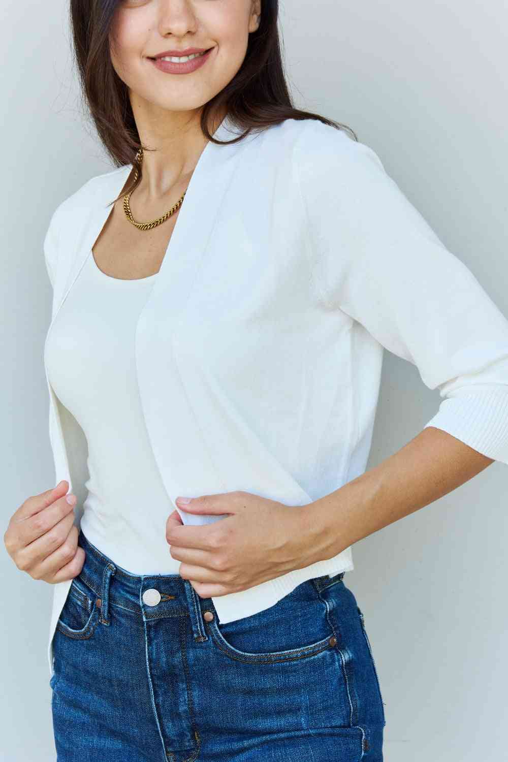 Doublju My Favorite Full Size 3/4 Sleeve Cropped Cardigan in Ivory - Everyday-Sales.com