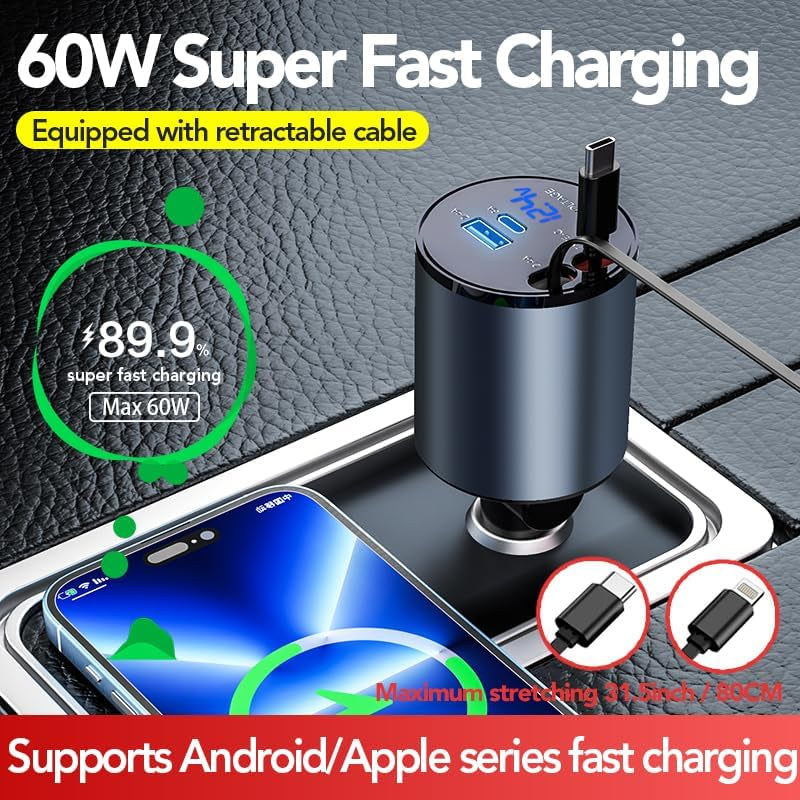 Fast 4 in 1 Car Charger for iPhone and Type C 60W - Everyday-Sales.com