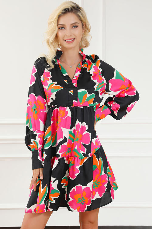 Flower Print Notched Ruffle Hem Dress - Everyday-Sales.com