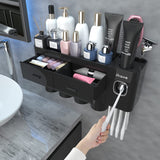 Toothbrush Holders for Bathrooms, 2 Cups Toothbrush Holder Wall Mounted with Toothpaste Dispenser, Large Capacity Tray, Cosmetic Drawer and 6 Brush Slots with Cover Tooth Brush Holder