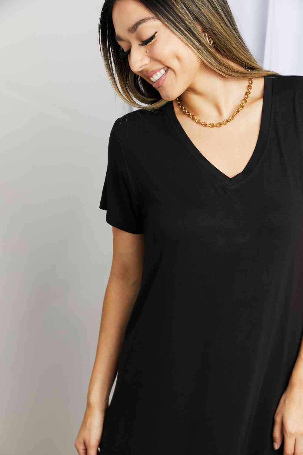 HYFVE V-Neck Short Sleeve Curved Hem Dress in Black - Everyday-Sales.com