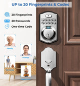 Fingerprint Door Lock Set,  Keyless Entry Door Lock, Front Door Handle Sets, Electronic Keypad Deadbolt with Lever Handle & 2Keys, Auto Lock, Code Door Lock, Easy Installation, Satin Nickel