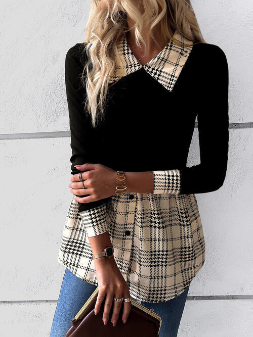Houndstooth Collared Neck Long Sleeve Shirt - Everyday-Sales.com