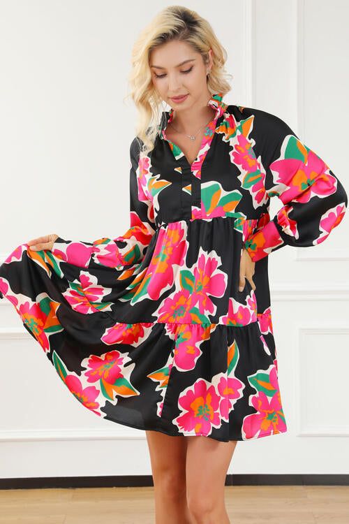 Flower Print Notched Ruffle Hem Dress - Everyday-Sales.com