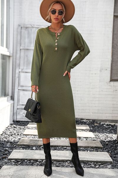 Decorative Button Notched Dropped Shoulder Sweater Dress - Everyday-Sales.com
