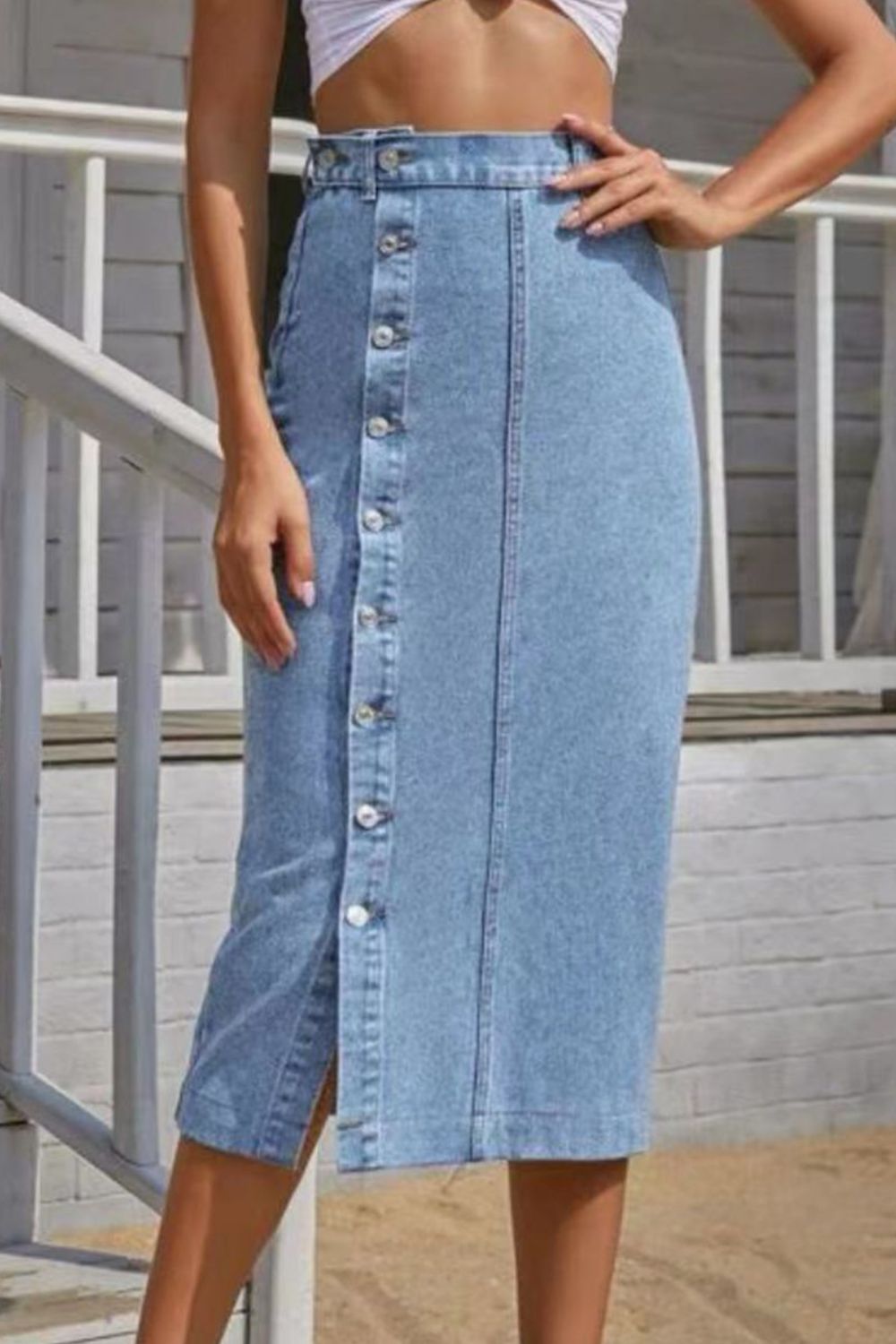 Buttoned Split Denim Skirt - Everyday-Sales.com