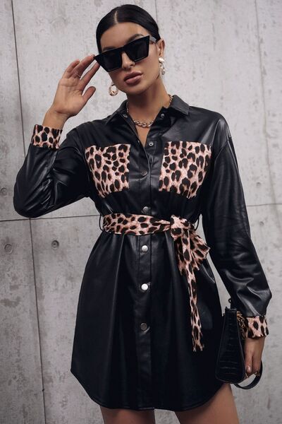 Tied Leopard Snap Down Trench Coat - Everyday-Sales.com