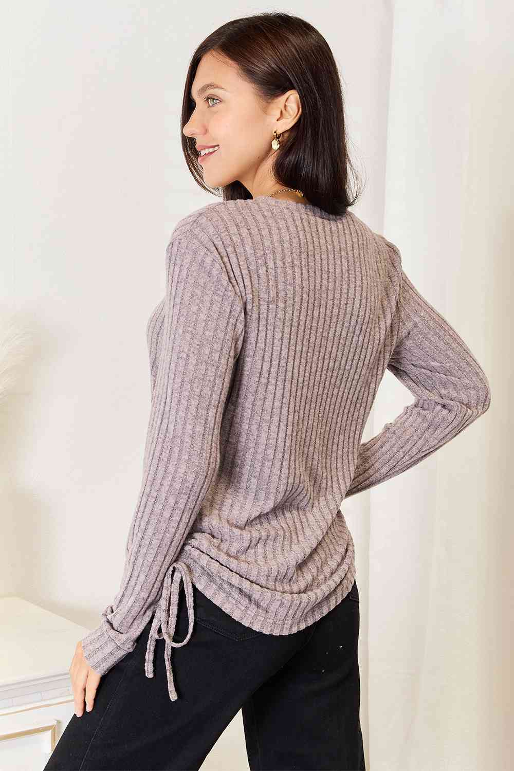 Double Take Drawstring Ribbed Long Sleeve T-Shirt - Everyday-Sales.com