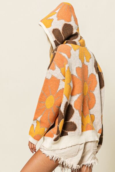 BiBi Flower Pattern Drawstring Hooded Sweater - Everyday-Sales.com
