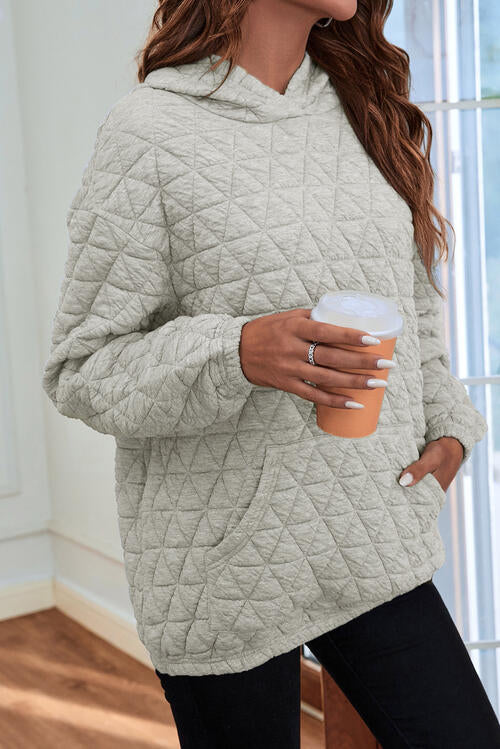 Quilted Long Sleeve Hoodie with Pocket - Everyday-Sales.com