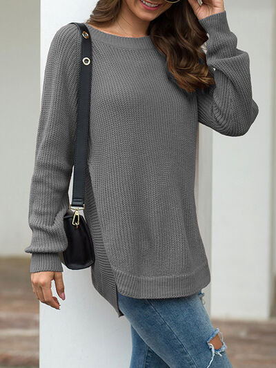 Slit Round Neck Long Sleeve Sweater - Everyday-Sales.com