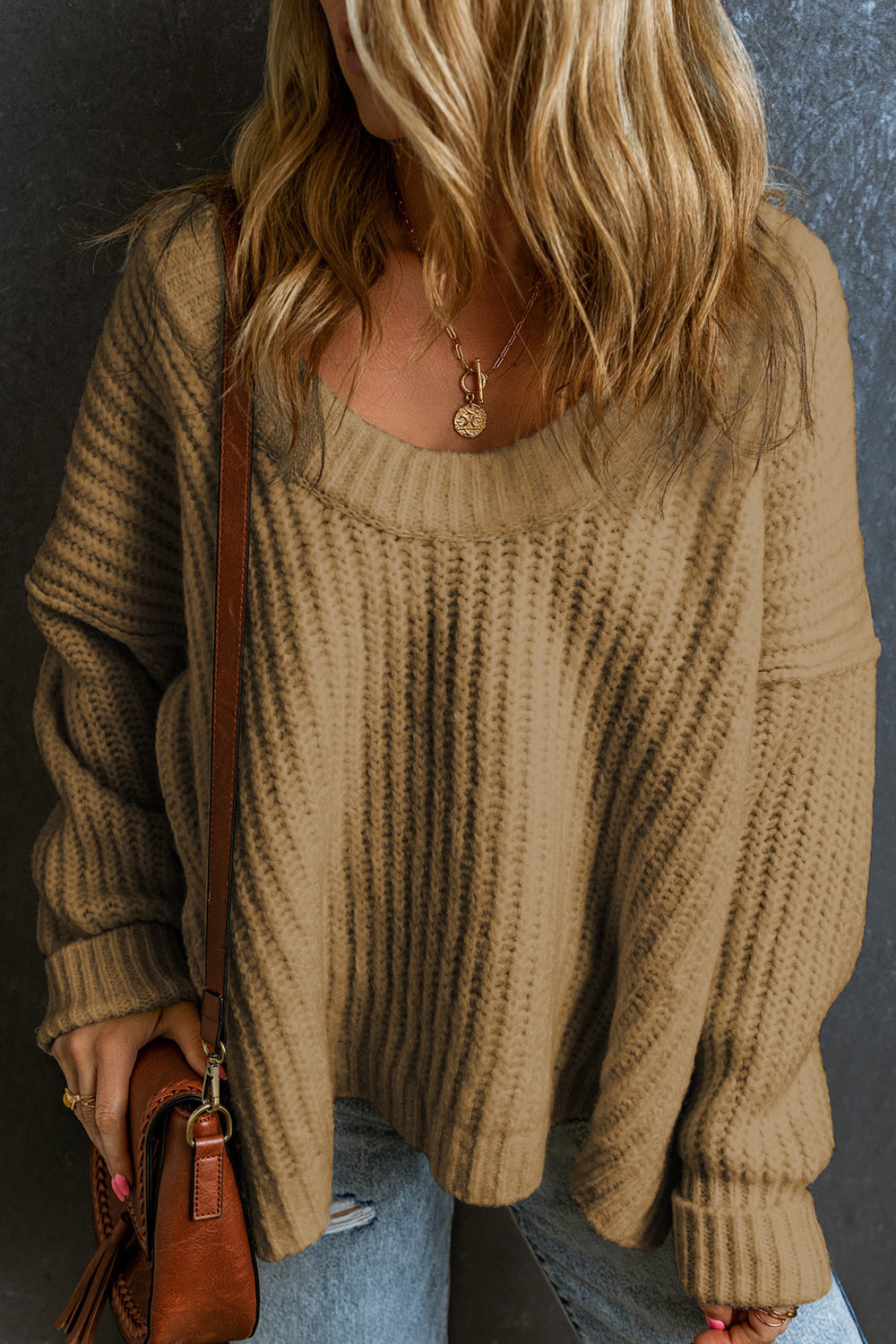 Ribbed Round Neck Dropped Shoulder Sweater - Everyday-Sales.com