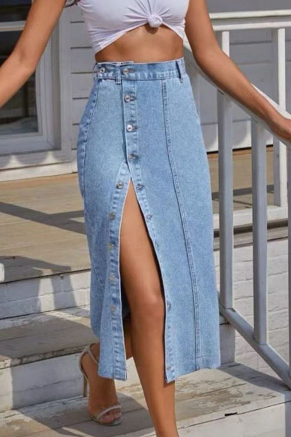 Buttoned Split Denim Skirt - Everyday-Sales.com