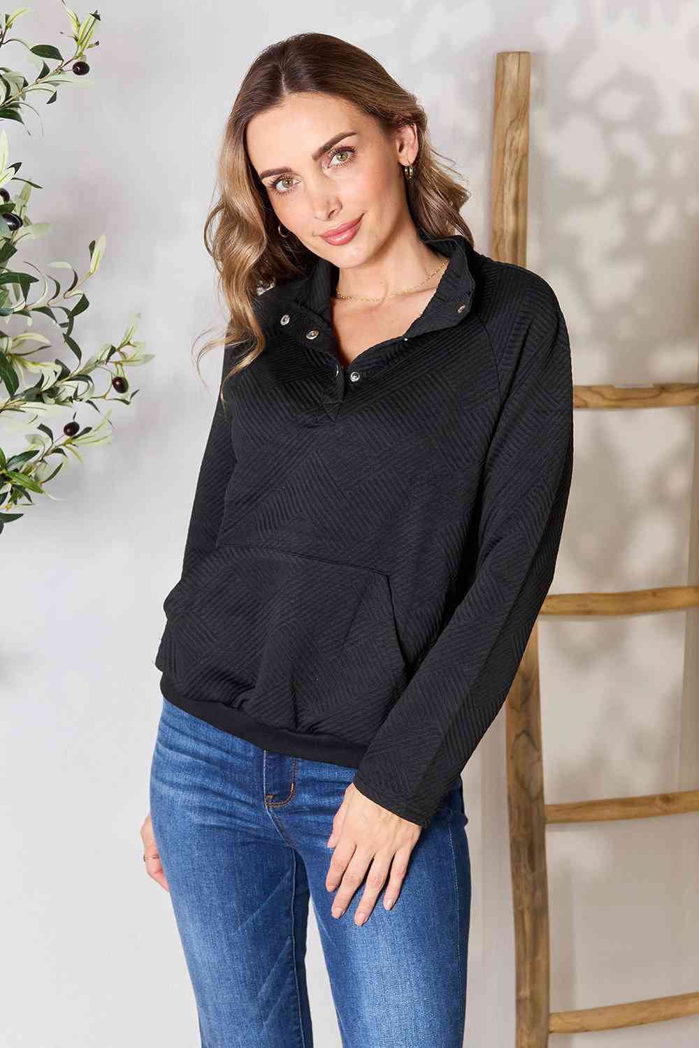 Double Take Half Buttoned Collared Neck Sweatshirt with Pocket - Everyday-Sales.com