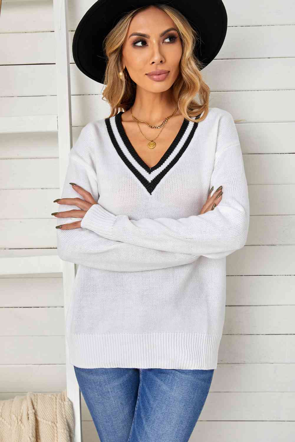 Contrast Detail V-Neck Dropped Shoulder Knit Pullover - Everyday-Sales.com