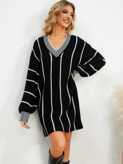 Striped V-Neck Long Sleeve Mini Dress - Everyday-Sales.com