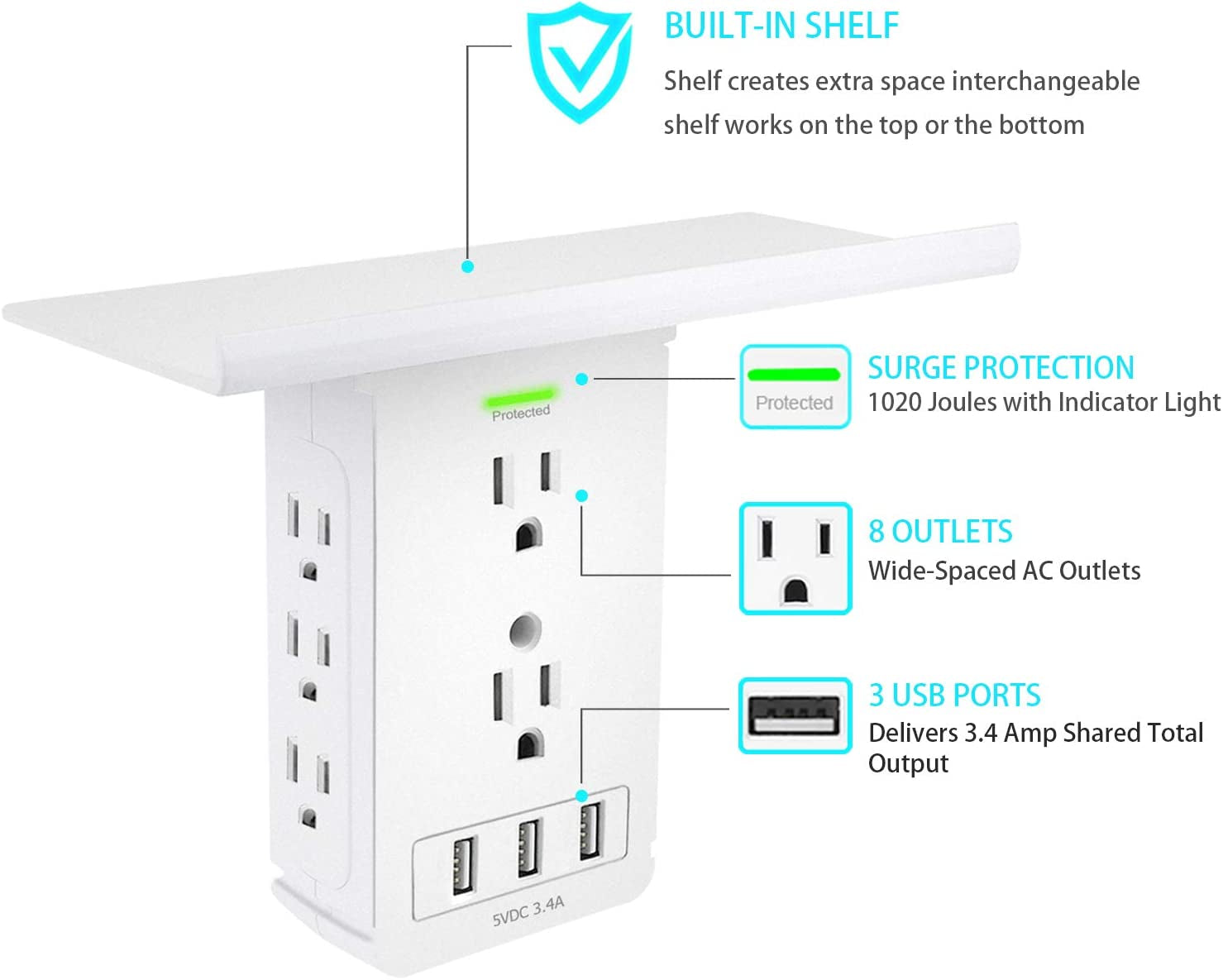 Wall Outlet Shelf with 3 USB Charging Ports - Everyday-Sales.com