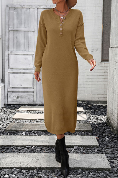 Decorative Button Notched Dropped Shoulder Sweater Dress - Everyday-Sales.com