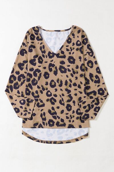Leopard V-Neck Dropped Shoulder Blouse - Everyday-Sales.com