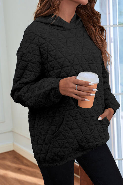 Quilted Long Sleeve Hoodie with Pocket - Everyday-Sales.com