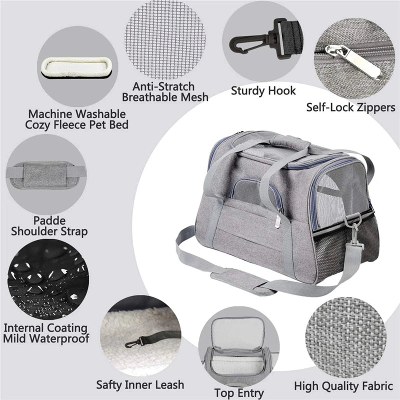 Traveling Bag Soft Pet Carriers Portable Breathable Foldable Bag Carrier Bags Outgoing Travel Handbag with Safety Zippers