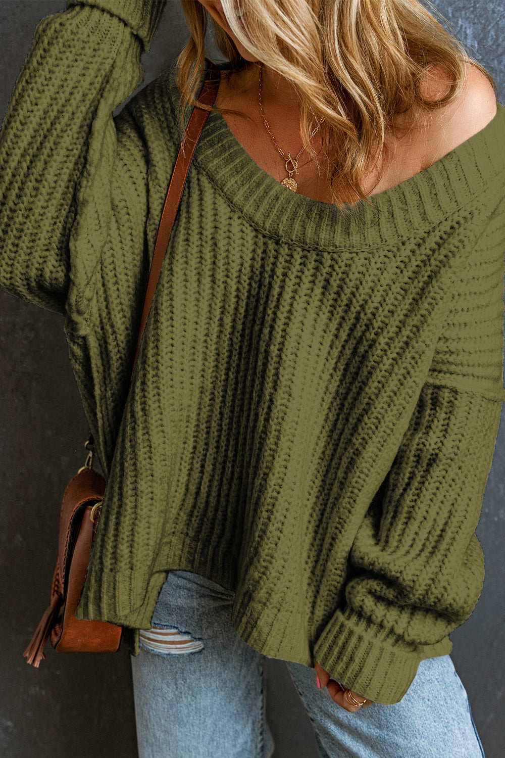 Ribbed Round Neck Dropped Shoulder Sweater - Everyday-Sales.com