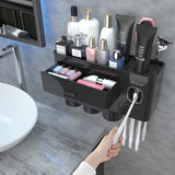 Toothbrush Holders for Bathrooms, 2 Cups Toothbrush Holder Wall Mounted with Toothpaste Dispenser, Large Capacity Tray, Cosmetic Drawer and 6 Brush Slots with Cover Tooth Brush Holder