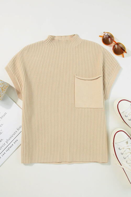Ribbed Mock Neck Short Sleeve Knit Top - Everyday-Sales.com