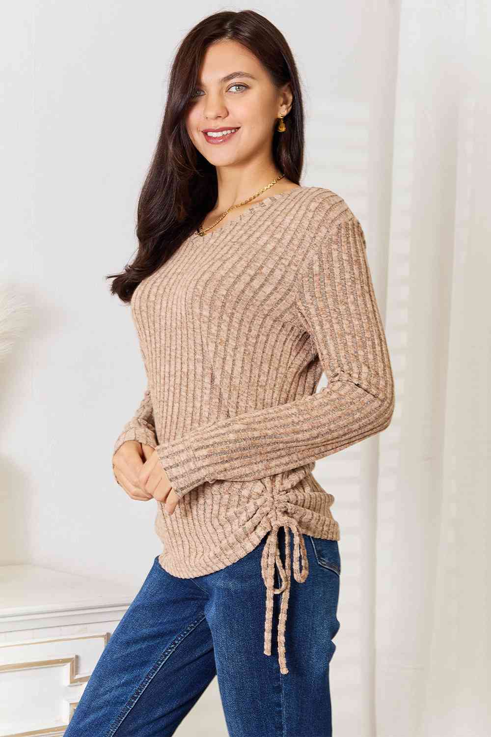 Double Take Drawstring Ribbed Long Sleeve T-Shirt - Everyday-Sales.com
